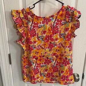 SHEIN Floral Ruffle Sleeve Blouse - Red and Yellow